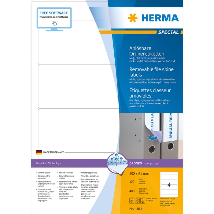 Herma Ordneretiketten, 192x61mm, ablösbar, weiß, 100 Blatt (400 Etiketten)