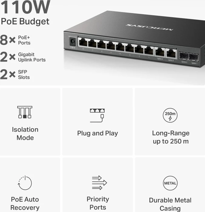 Mercusys Desktop Gigabit Switch, 10x RJ-45, 2x SFP, 110W PoE+