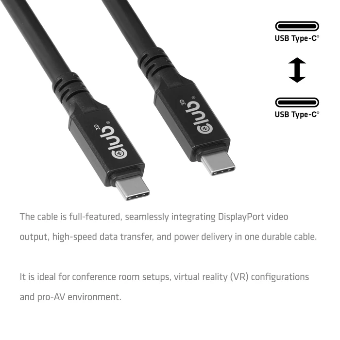 Club 3D USB4 Kabel, 20Gb/s, 8K60Hz, 100W PD, USB-C Stecker auf USB-C Stecker, schwarz, 9m