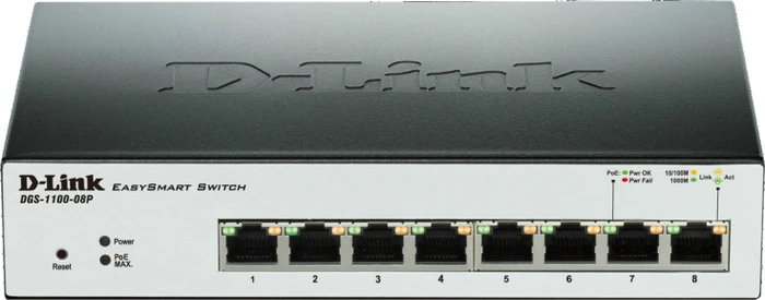 D-Link DGS-1100 Desktop Gigabit Smart Switch, 8x RJ-45, 64W PoE
