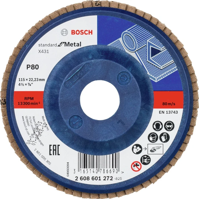 Bosch Professional X431 Standard for Metal Fächerschleifscheibe gerade K80, 115x22.23mm, 1 Stück