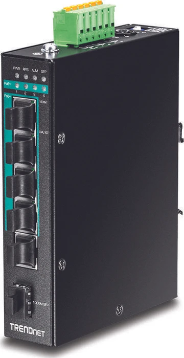TRENDnet TI Hardened Industrial Railmount Gigabit Switch, 5x RJ-45, 1x SFP, 120W PoE+