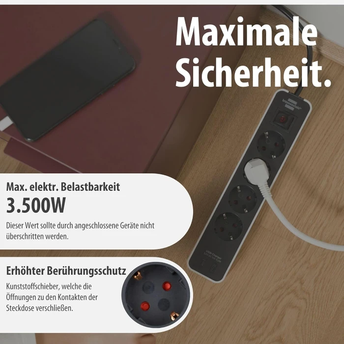 Brennenstuhl Ecolor mit USB-Ladefunktion, 4-fach, 2x USB-C, mit Schalter, 1.5m, weiß/schwarz