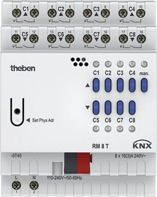 Theben RM 8 T KNX Kombiaktor 8/4-fach, 16A, 4TE REG, Schaltaktor/Jalousieaktor