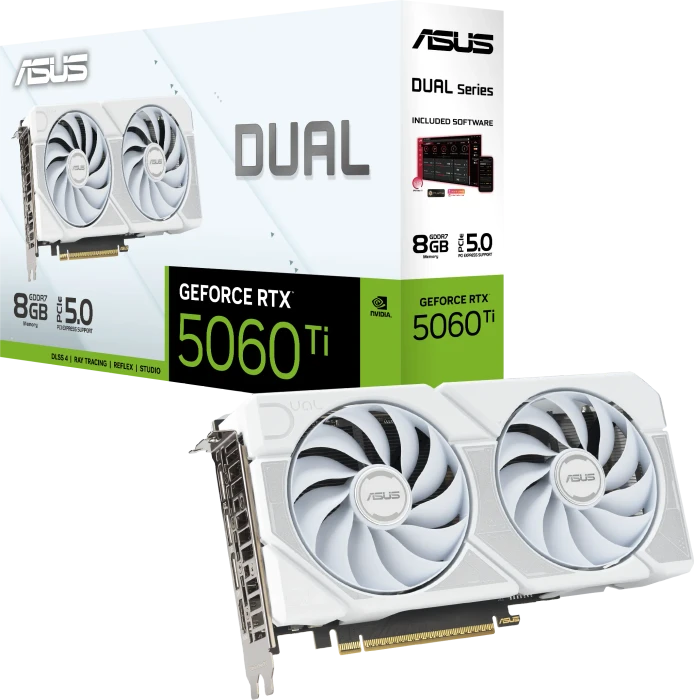 ASUS Dual GeForce RTX 5060 Ti White, DUAL-RTX5060TI-8G-WHITE, 8GB GDDR7, HDMI, 3x DP