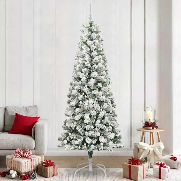 vidaXL Künstlicher Weihnachtsbaum schlank mit Schnee, 240cm, inkl. LED-Beleuchtung