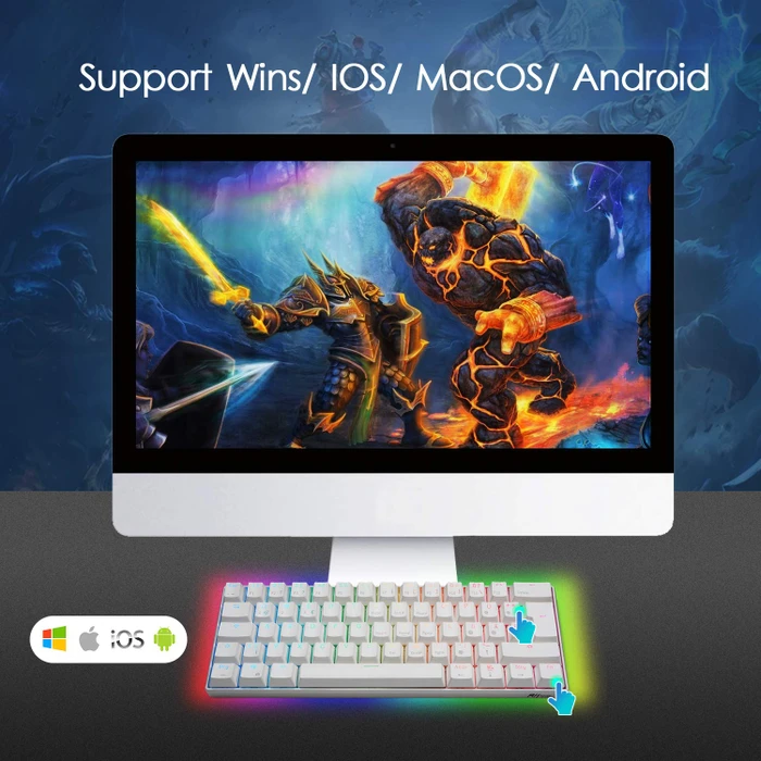 RK Royal Kludge RK61 60% Wireless, weiß, LEDs RGB, Gateron BLUE, USB/Bluetooth, DE