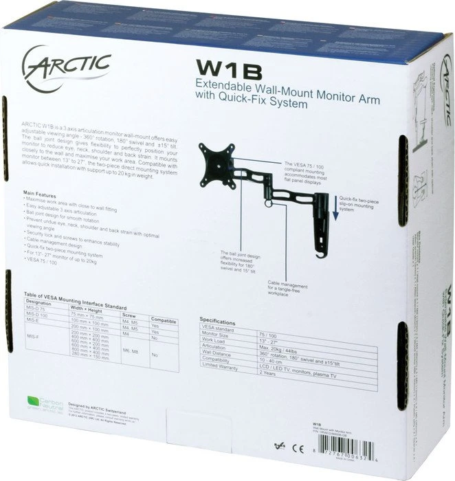 ARCTIC W1B Monitor-Wandhalterung mit ausziehbarem Haltearm schwarz