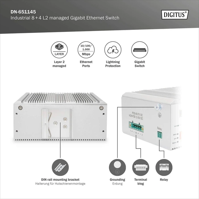 Digitus DN-65 Industrial Railmount Gigabit Managed Switch, 8x RJ-45, 4x RJ-45/SFP