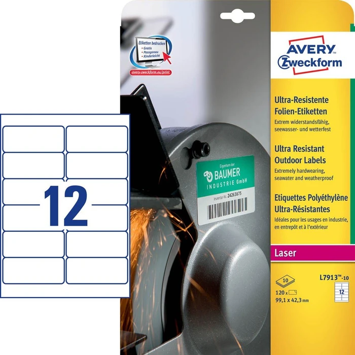 Avery-Zweckform Folienetiketten ultra resistent, 92.1x42.3mm, wetterfest, weiß, 10 Blatt (120 Etiketten)