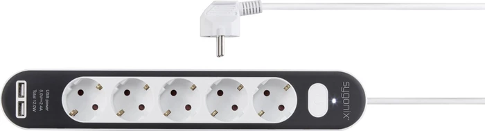 Sygonix Steckdosenleiste mit Schalter, 5-fach, mit 2x USB, 1.4m, weiß/schwarz