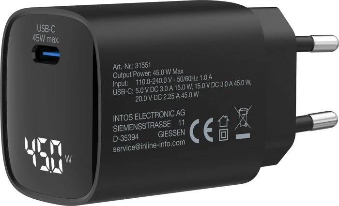 InLine GaN Netzteil, USB-C, 1x USB-C, 45W, schwarz