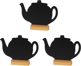 Securit Silhouette Wood Teekanne, Kreidetafel mit Holzfuß, schwarz, 13.2x10cm, 3er-Pack