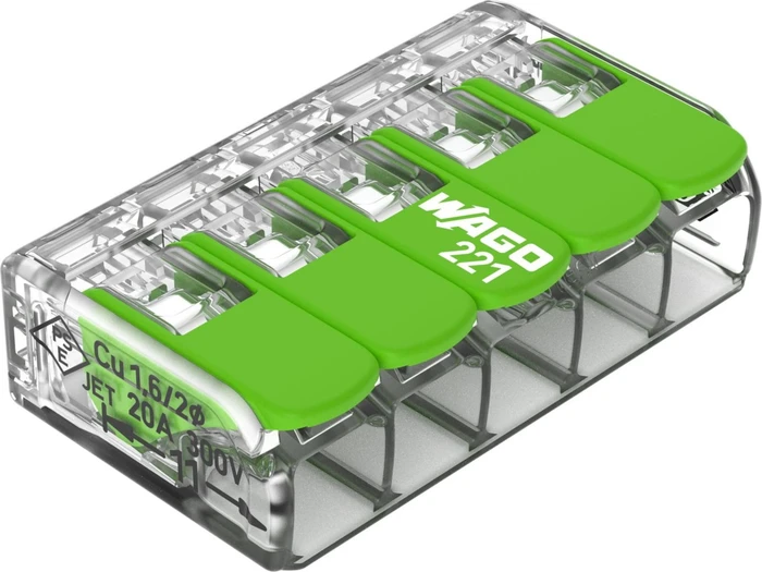 Wago Green Range Verbindungsklemme mit Hebeln bis 4mm² 5-Leiter, 8 Stück