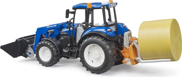 Bruder New Holland T5.120 mit Frontlader, Ladekasten, Gabeln und Rundballen