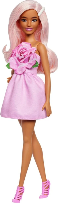 Mattel Barbie - Fashionistas Barbie mit pastellrosa Haaren, einem trägerlosen Kleid mit Rosenoberteil