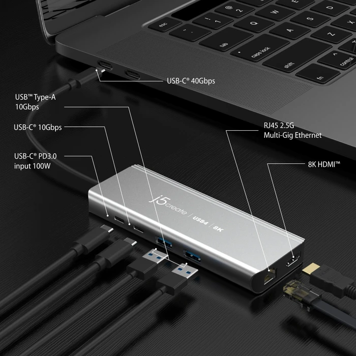 j5create USB4 6-in-1 Multi-Port Adapter, 8K USB PD 100W, USB4 [Stecker]