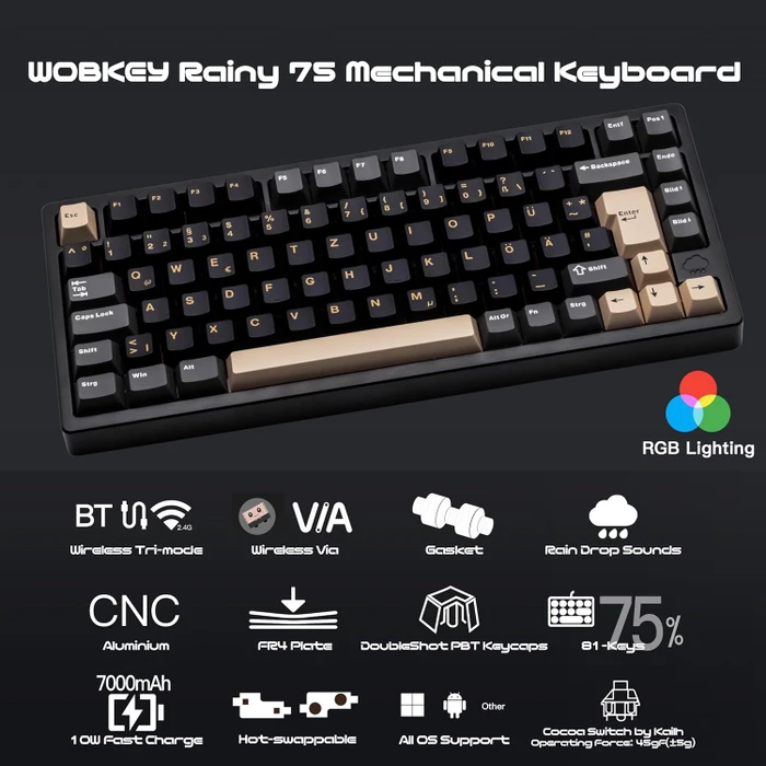 Wobkey Rainy 75 Pro, schwarz, LEDs RGB, Kailh Cocoa, USB/Bluetooth, DE