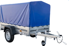 Unitrailer Garden Trailer 200 Kipp mit Hochspriegel, blauer Hochplane und Stützrad