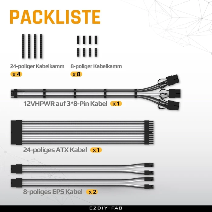 EZDIY-FAB 12VHPWR Cable Kit, 1x 24-Pin, 2x 4/8-Pin ATX, 1x 12VHPWR/3x 8-Pin PCIe, 16AWG, schwarz/weiß