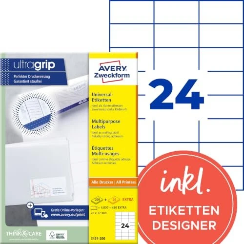 Avery-Zweckform Etiketten, 70x37mm, weiß, 200 Blatt (4800 Etiketten)