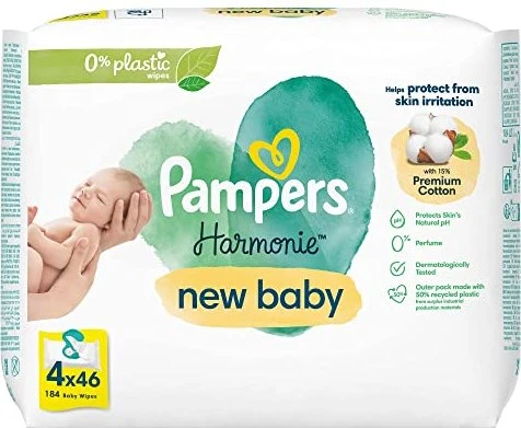 Pampers Harmonie New Baby Feuchttücher, 184 Stück (4x 46 Stück)
