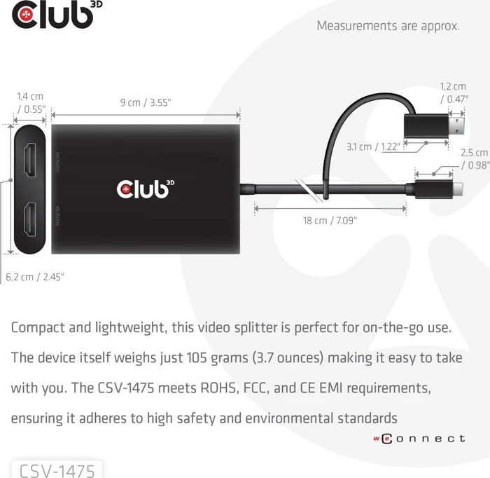 Club 3D USB-C auf dualen HDMI Videosplitter, USB-C 3.0 [Stecker], USB-A 3.0 [Stecker]