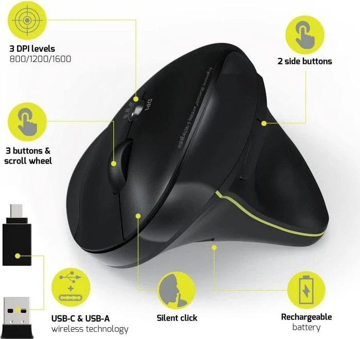 Port Designs Wireless Rechargeable Ergonomic Mouse, USB/Bluetooth