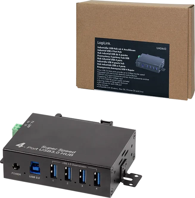 LogiLink Industrial Railmount USB-Hub, 4x USB-A 3.0, USB-B 3.0 [Buchse]
