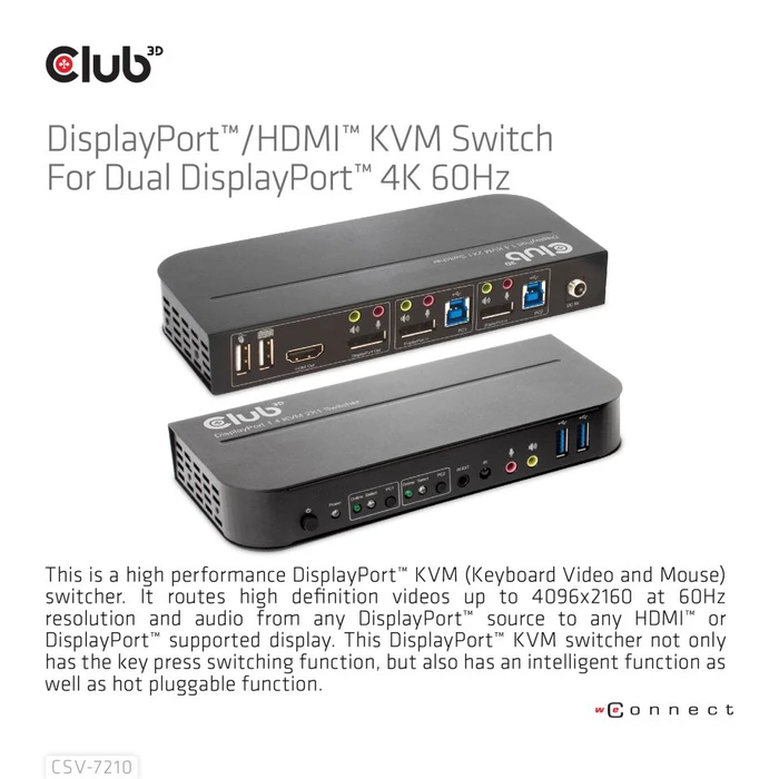 Club 3D DisplayPort/HDMI KVM-Switch for Dual DisplayPort 4K 60Hz, 2-fach
