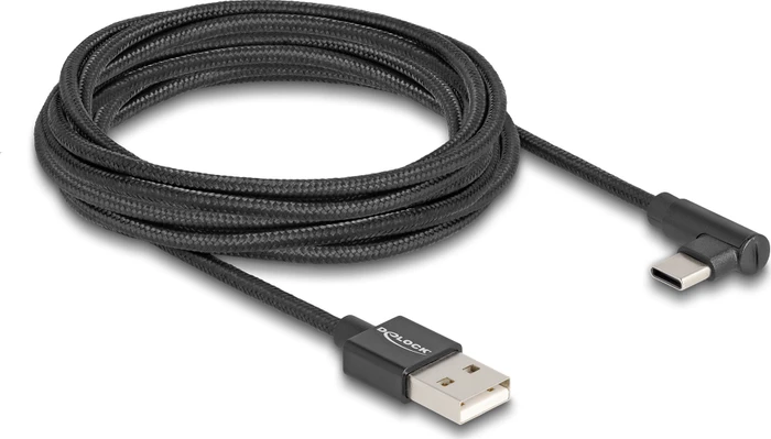 DeLOCK Adapterkabel, USB 2.0, 480Mb/s, USB-C [Stecker] auf USB-A [Stecker], gewinkelt, schwarz, 3m