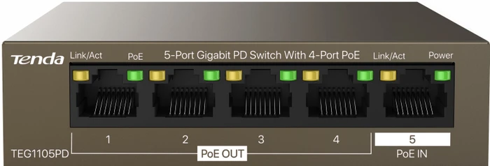 Tenda TEG1100 Desktop Gigabit Switch, 5x RJ-45, 30W PoE+ PD