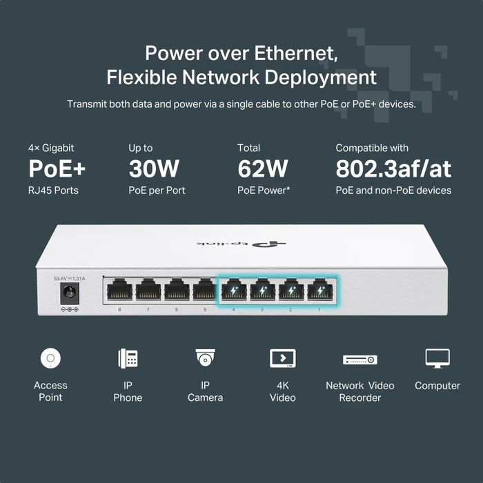 TP-Link Festa FS300 Desktop Gigabit Smart Switch, 8x RJ-45, 62W PoE+