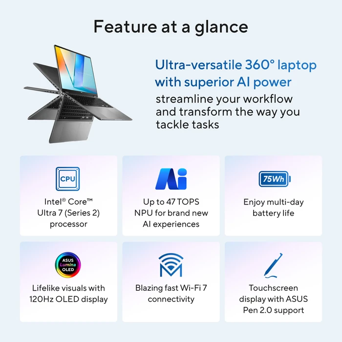 ASUS VivoBook S 16 Flip TP3607SA-SI716W, Matte Gray, Core Ultra 7 256V, 16GB RAM, 512GB SSD, DE, Eingabestift