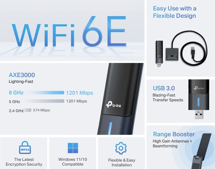 TP-Link Archer TXE50UH AXE3000 schwarz, 2.4GHz/5GHz/6GHz WLAN, USB-A 3.0 [Stecker]