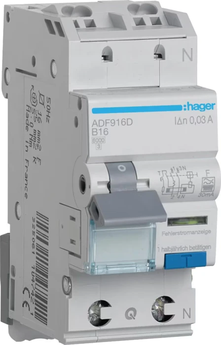 Hager Fehlerstrom-Leitungsschutzschalter, FI/LS-Schalter 1P+N 6kA B-16A 30mA Typ F QC