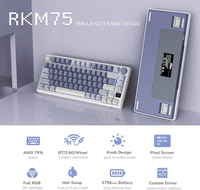 RK Royal Kludge M75 Wireless, weiß/violett, LEDs RGB, hot-swap, RK FAST SILVER, USB/Bluetooth, US