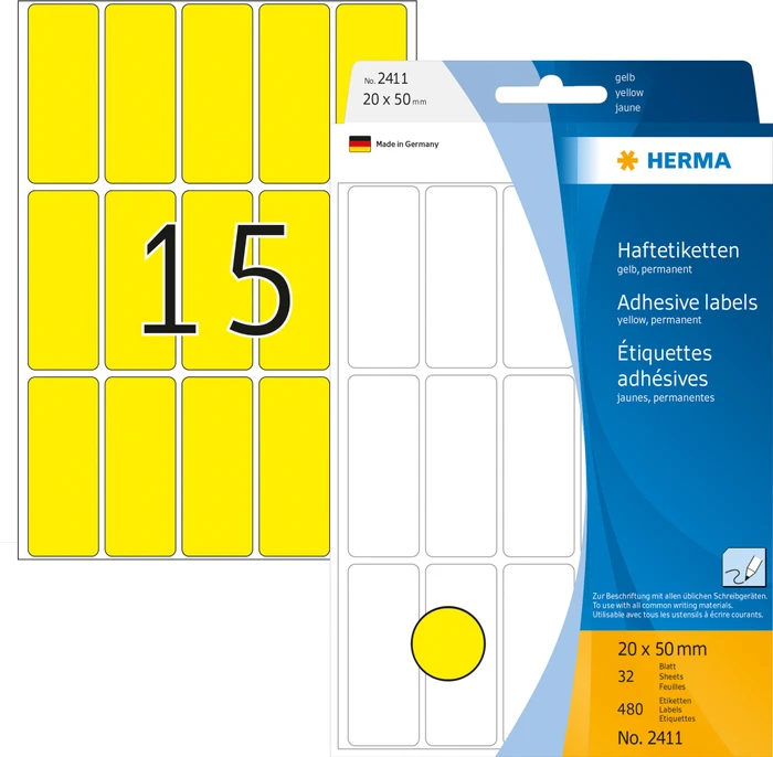 Herma Vielzwecketiketten, 20x50mm, gelb, 32 Blatt (480 Etiketten)