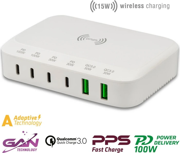 4smarts 7in1 GaN Ladestation 100W mit Wireless Charger weiß