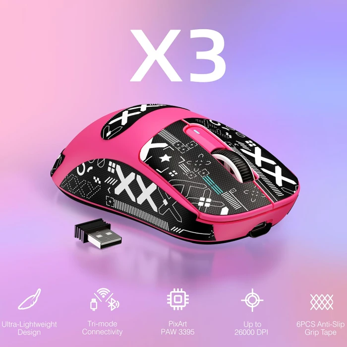 Attack Shark X3 Wireless Gaming Mouse Berry Red, inkl. Grip Tape, USB/Bluetooth