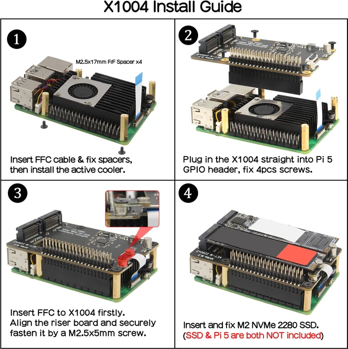 Geekworm X1004 Dual PCIe auf M.2 Key-M NVMe Adapter-Board, M.2 M-Key 2230/2242/2260/2280 NVMe Slot für Raspberry Pi 5