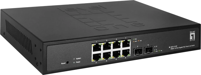 LevelOne GES Rackmount Gigabit Smart Switch, 8x RJ-45, 2x SFP, 130W PoE+