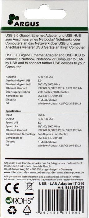 Inter-Tech Argus IT-310, RJ-45, USB-A 3.0 [Stecker]