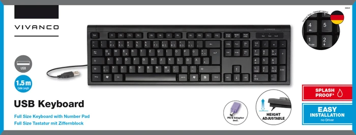 Vivanco IT-KB PS2 Full Size Tastatur mit Ziffernblock und PS2 Adapter, PS/2 & USB, DE