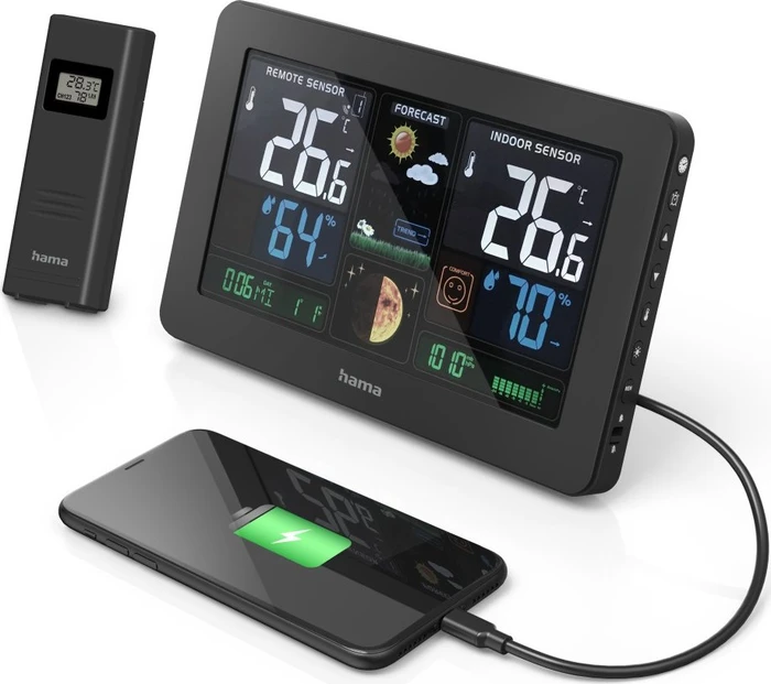 Hama Premium Funkwetterstation mit LED-Farbdisplay und USB-Ladefunktion, digital