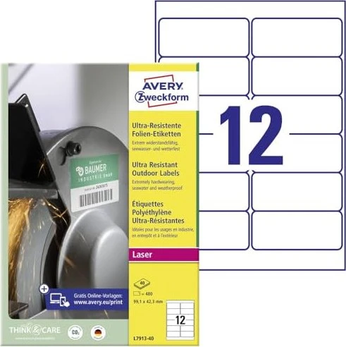 Avery-Zweckform Folienetiketten ultra resistent, 92.1x42.3mm, wetterfest, weiß, 40 Blatt (480 Etiketten)