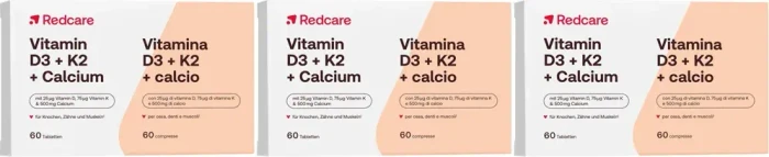 Redcare Vitamin D3 + K2 + Calcium Tabletten, 180 Stück (3x 60 Stück)