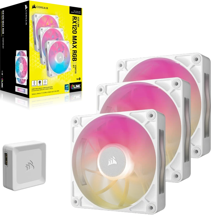 Corsair iCUE LINK RX120 Max RGB Starter Kit, weiß, LED-Steuerung, 120mm, 3er-Pack