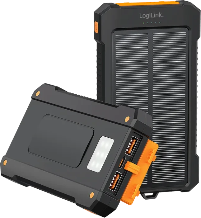 LogiLink Solar Powerbank 10000mAh 2x USB-A 1x USB-C 20W schwarz/orange