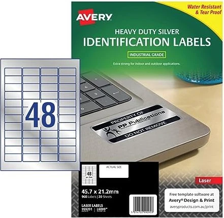 Avery-Zweckform Typenschildetiketten, 45.7x21.2mm, wetterfest, silber, matt, 20 Blatt (960 Etiketten)